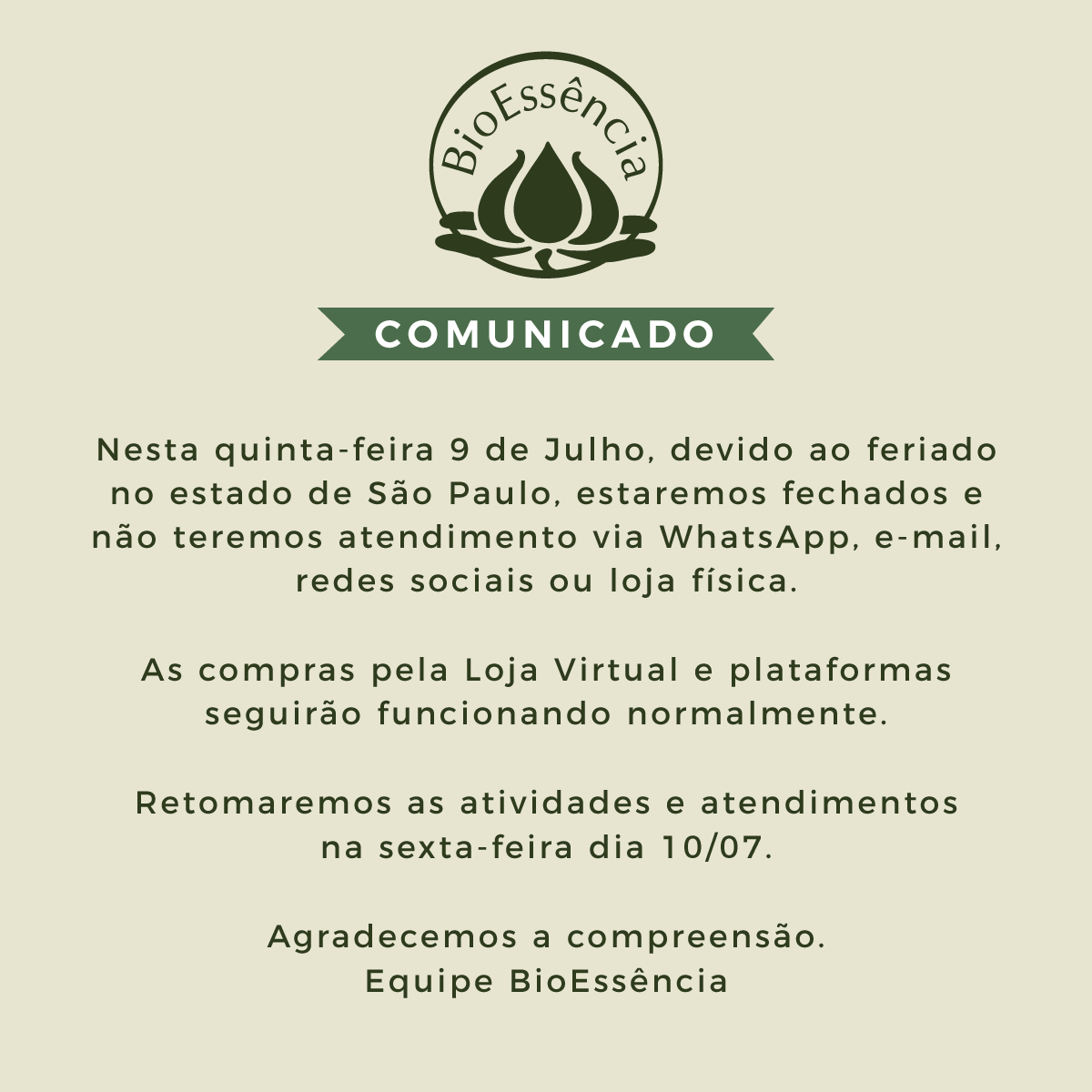 Comunicado Feriado 09/07